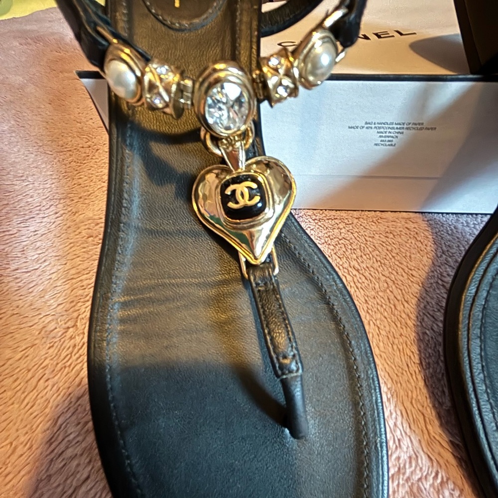 CHANEL Black and Gold Heart Charm Sandals